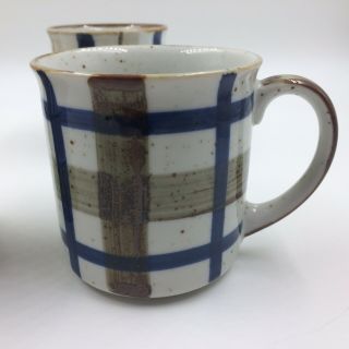 Vintage Otagiri mugs cups set of 3 plaid stoneware blue brown Japan 3