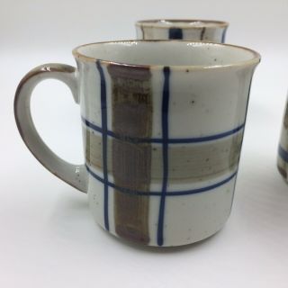 Vintage Otagiri mugs cups set of 3 plaid stoneware blue brown Japan 4
