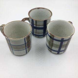 Vintage Otagiri mugs cups set of 3 plaid stoneware blue brown Japan 5