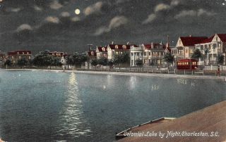 C19 - 7089,  Colonial Lake By Night,  Charleston,  Sc. ,  1910s Postcard.