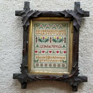 Antique Brown Wooden Adirondack Frame With Leaves/cross Stitch Sampler