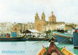 Malta; Marsaxlokk Fishing Port Vintage Postcard Posted,  Kite Surfing Stamp Bc