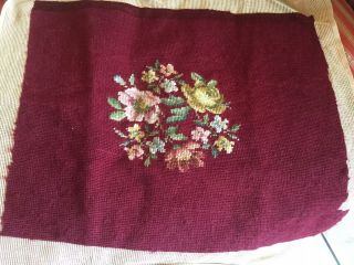 Antique Vintage Wool Needlepoint Seat/chair/pillow Cover Garnet Floral Garden