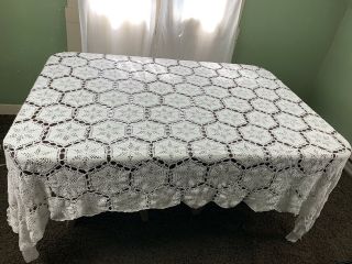 Handmade Crochet White Cotton Lace Tablecloth Or Bedspread Coverlet 100 X 84