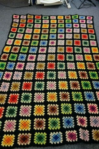 Vintage Crocheted Afghan - 48x72 - Black/multi - Color - Looks Like Stained Glass -