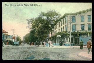 Vintage Main Street Hand Tinted Postcard 1910s Babylon Long Island Ny