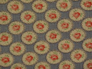 Vintage Feedsack Fabric,  Lt Blue Background,  White,  Lacy Edged Circle.  Pink Rose