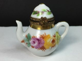 Limoges France Miniature " Teapot " Trinket Box With Chrysanthemum