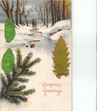 Snowy River Banks In Wood By Attached Cloth Tree & Real Ribbon - Old Christmas Pc