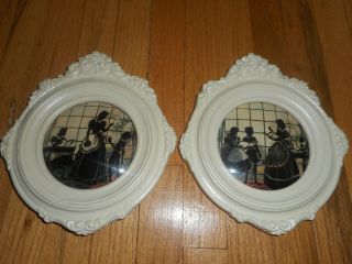 Vintage Round Framed Reverse Painted Convex Glass Silhouettes
