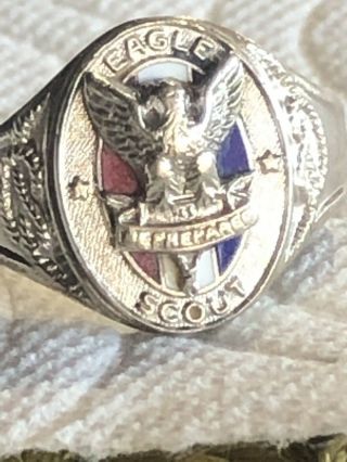 1930s - 1940s Robbins Eagle Scout 14k White Gold Ring Size 8 - 8gram Weight