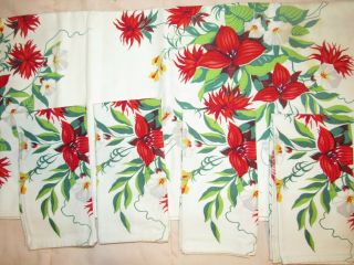 Gorgeous Vintage Wilendur Tablecloth W 4 Matching Napkins 54 " X 54 " Red Flowers