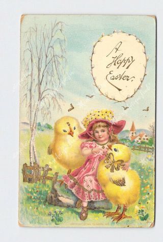 Ppc Postcard Easter Little Girl Pink Dress Hugging Large Chicks Gold Embossed