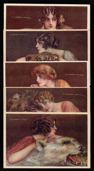 5 Old Postcards T.  Corbella / Woman Next To Lion Head