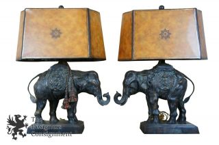 Maitland Smith Bronze Elephant Table Lamps Faux Leather Tooled Shade 21 "