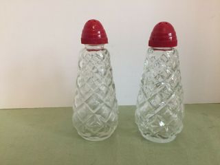 Vintage Glass Salt,  Pepper Shakers - Red Lids.