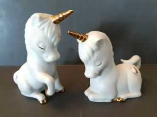 Vtg Porcelain White Unicorns Gold Trim Horns Hooves Enesco 1983 Figurine Read