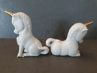Vtg Porcelain White Unicorns Gold Trim Horns Hooves Enesco 1983 Figurine READ 3