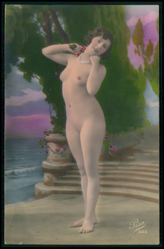 French Nude Woman Studio Seaside Old 1920s Tinted Color Photo Postcard