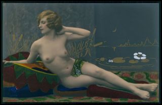 French Nude Woman Art Deco Pochoir Lake Old 1920s Tinted Color Photo Postcard