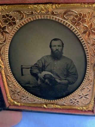 Wonderful Antique Ambrotype Photo Of Man And Dog Case
