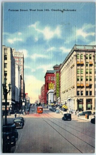 Omaha,  Nebraska Postcard Farnam Street Downtown Scene Tichnor Linen C1940s