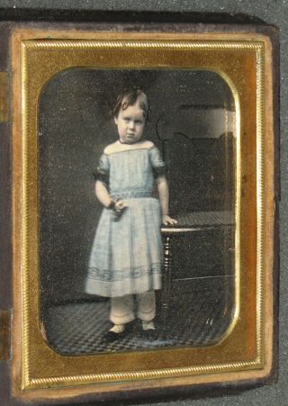Shy Little Girl In Blue Dress Daguerreotype
