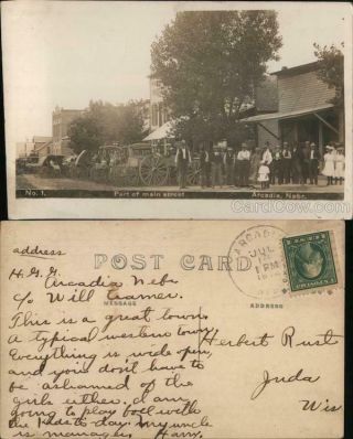 1914 Rppc Arcadia,  Ne Part Of Main Street Valley County Nebraska Postcard Vintage