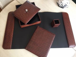 Bosca Brown Embossed Leather Desk/pad/paper Tray Lid/pencil Cup/porfolio