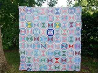 Vintage Quilt Top - Feed Sack Prints - Hourglass Block 84 " X 74 "