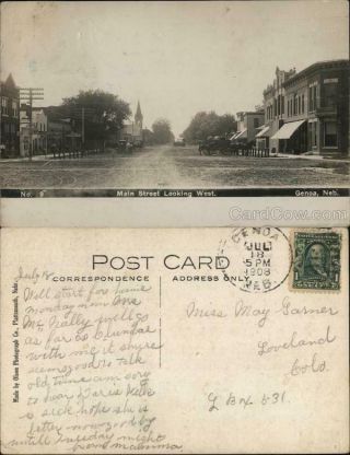 1908 Rppc Genoa,  Ne Main Street Looking West Nance County Nebraska Postcard