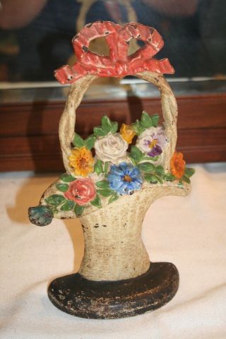Antique Hubley 69 French Basket Of Flowers Door Stop Cast Iron Paint