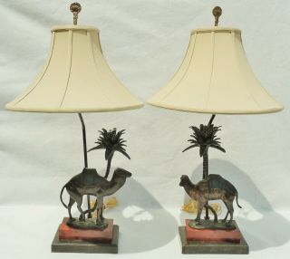 Pair Wildwood Designer Solid Bronze Figural Camel Palm Tree Accent Table Lamps