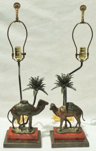 Pair Wildwood Designer Solid Bronze Figural Camel Palm Tree Accent Table Lamps 2