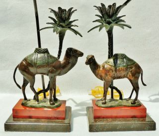 Pair Wildwood Designer Solid Bronze Figural Camel Palm Tree Accent Table Lamps 3
