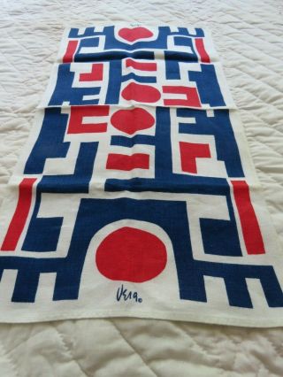 Vintage Vera Neumann Linen Tea Towel Blue Red White Geometric 28 X15