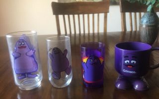 Mcdonalds Assortment Of Grimmace Glassware And Plastic Sippy Cup.
