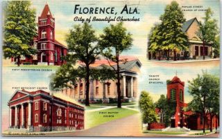 Florence,  Alabama Postcard " City Of Churches " 5 Building Views Linen