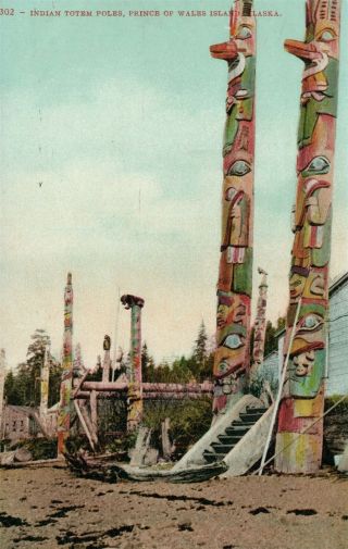 American Indian Totem Poles Prince Of Wales Island Alaska Antique Postcard