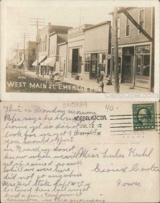 1912 Rppc Emerson,  Ne West Main St Nebraska Real Photo Post Card 1c Stamp Vintage