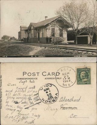 1909 Rppc Eagle,  Ne M.  P.  Depot Cass County Nebraska Railroad Depot Postcard
