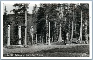 Indian Totems In Ketchikan Alaska Vintage Real Photo Postcard Rppc