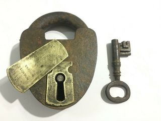 Antique Iron Heart shape heavy padlock with key Vardon Lock London 2
