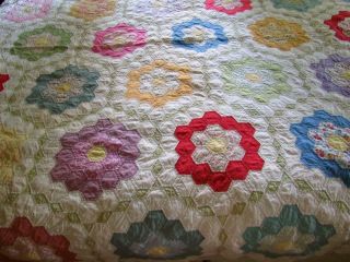 Vintage Hand Sewn Quilt.  Flower Garden.  Queen Size.