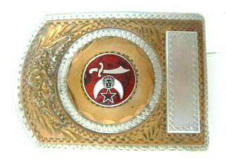 Shriners Belt Buckle Red & White Enamel Silver & Bronze Tones Ready To Engrave
