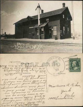 1911 Rppc Phillips Railroad Depot Hamilton County Nebraska Real Photo Post Card