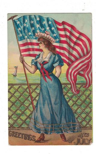 4 Th Of July Postcard Embossed Young Lady Holding U.  S.  Flag