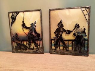 2 Pirates & Jolly Roger Black Silhouettes On Convex Glass W Sunset Behind Framed