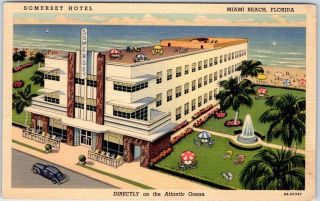 Miami Beach,  Florida Postcard Somerset Hotel Art Deco Bldg Beach View Linen 1941