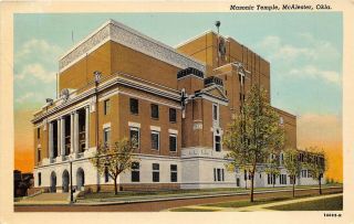 Mcalester Oklahoma 1930 - 40s Postcard Masonic Temple